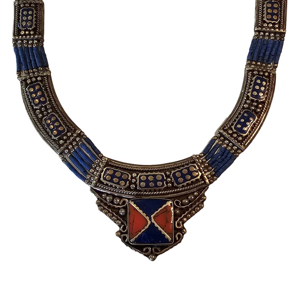 Vintage Tribal Tibetan Beaded Necklace Handcrafted Silver Tone